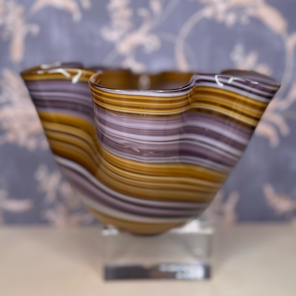 Vintage Estate Murano Style Art Glass Handkerchief Bowl Brown Purple